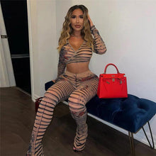 Load image into Gallery viewer, Women Lace Up Print Sheer Mesh Two Piece Set Sexy Wrap V Neck Bandage Crop Top + Pencil Pants Clubwear Party Outfits Suits - Shop &amp; Buy
