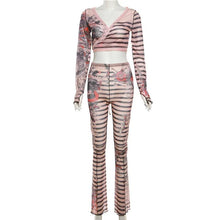 Load image into Gallery viewer, Women Lace Up Print Sheer Mesh Two Piece Set Sexy Wrap V Neck Bandage Crop Top + Pencil Pants Clubwear Party Outfits Suits - Shop &amp; Buy
