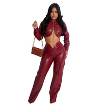 Load image into Gallery viewer, Women PU Two Piece Set Sexy Zipper Turtleneck Irregular Crop Top + Pockets Pants Slim Night Club Party Outfits Suits - Shop &amp; Buy
