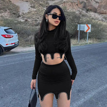 Load image into Gallery viewer, Women Rhinestone Hot Drilling Knitted Black 2 Piece Set Sexy Irregular Crop Top + Mini Skirts Skinny Night Club Party Outfits - Shop &amp; Buy
