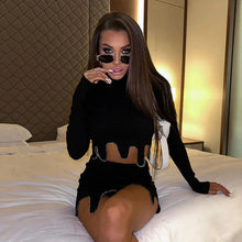 Load image into Gallery viewer, Women Rhinestone Hot Drilling Knitted Black 2 Piece Set Sexy Irregular Crop Top + Mini Skirts Skinny Night Club Party Outfits - Shop &amp; Buy
