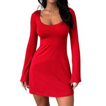 Load image into Gallery viewer, Women Round Neck Dress Skinny A Line Dress Solid Color Bell Sleeve Dress Slim Fit Pullover Dance Party Clubwear - Shop &amp; Buy
