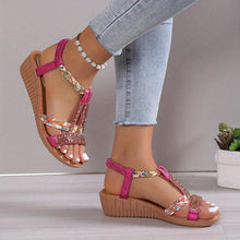 Load image into Gallery viewer, Women&#39;s Boho Wedge Sandals, Rhinestone Braided Band Elastic Strap Slip On Shoes - Shop &amp; Buy
