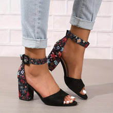 Load image into Gallery viewer, Women&#39;s Chunky Heeled Sandals, Peep Toe Floral Print Ankle Strap High Heels, Fashion Canvas Sandals - Shop &amp; Buy
