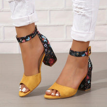Load image into Gallery viewer, Women&#39;s Chunky Heeled Sandals, Peep Toe Floral Print Ankle Strap High Heels, Fashion Canvas Sandals - Shop &amp; Buy
