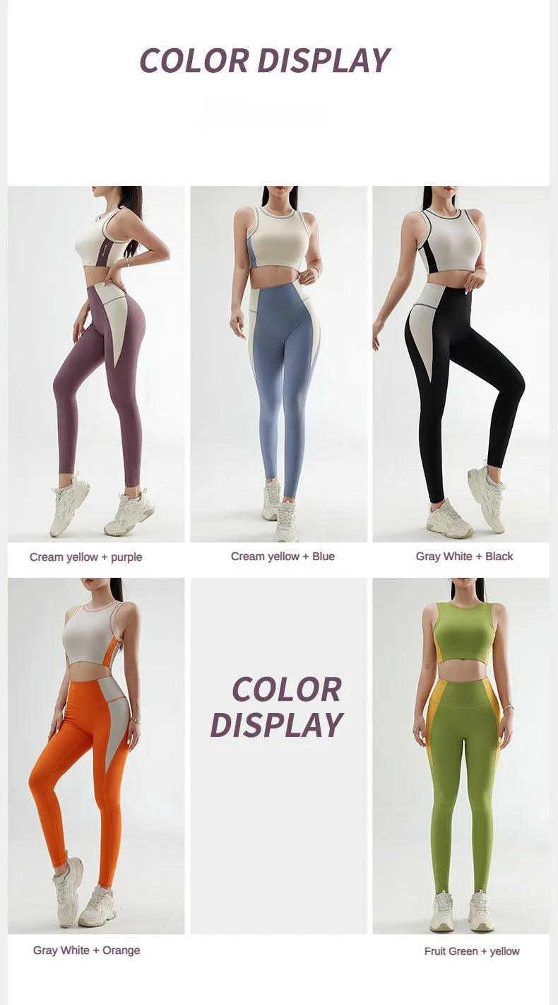 Women's color clashing quick-drying yoga clothes suit gym training clothes suit gathered undershirt lifting hip tight pants - Shop & Buy