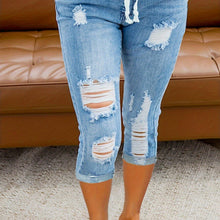 Load image into Gallery viewer, Women&#39;s Distressed Denim Capri Pants, Elastic Waist With Drawstring, Casual Slim Fit, Beach Mid-Calf Jeans - Shop &amp; Buy
