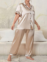 Load image into Gallery viewer, Women&#39;s Elegant Pajamas Set, Plus Size Contrast Binding Short Sleeve Button Up Satin Blouse &amp; Pants - Shop &amp; Buy
