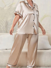 Load image into Gallery viewer, Women&#39;s Elegant Pajamas Set, Plus Size Contrast Binding Short Sleeve Button Up Satin Blouse &amp; Pants - Shop &amp; Buy
