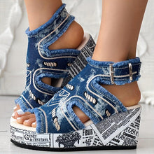 Load image into Gallery viewer, Women&#39;s Letter Stylish Denim Sandals, Ankle Buckle Strappy Platform Walking Shoes - Shop &amp; Buy
