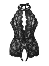Load image into Gallery viewer, Women&#39;s Plus Erotic Lingerie Bodysuit, Plus Size Scallop Trim Deep V Neck Crotchless Halter Lace Teddy - Shop &amp; Buy
