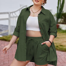 Load image into Gallery viewer, Women&#39;s Plus Size 2 Piece Tracksuit Outfit Sets Cotton Linen High Low Shirt 3/4 Sleeve Drawstring Shorts Set - Shop &amp; Buy
