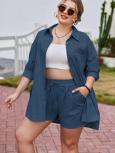 Load image into Gallery viewer, Women&#39;s Plus Size 2 Piece Tracksuit Outfit Sets Cotton Linen High Low Shirt 3/4 Sleeve Drawstring Shorts Set - Shop &amp; Buy
