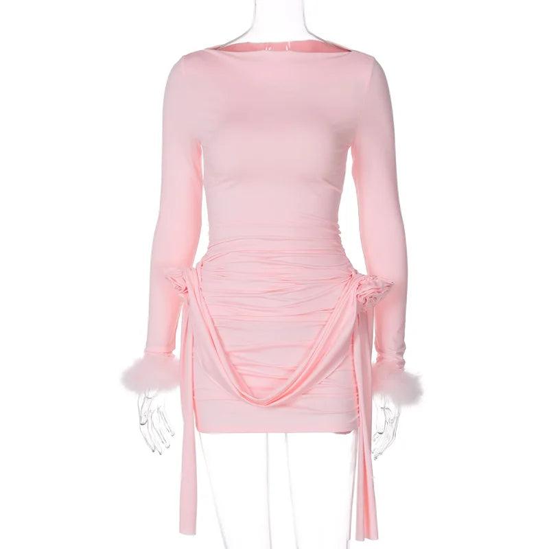 Women's Plush Cuffs Ribbon Ruched Mini Dress for Women Sexy Long Sleeve Bodycon Night Clubwear Party Dresses - Shop & Buy