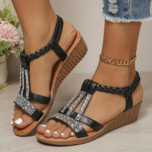 Load image into Gallery viewer, Women&#39;s Rhinestone Wedge Sandals, Summer Open Toe Elastic Band Slip On Shoes, Casual Outdoor Beach Sandals - Shop &amp; Buy
