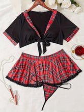 Load image into Gallery viewer, Women&#39;s Sexy Lingerie Set, Plus Size Plaid Print Tie Front Crop Top &amp; Pleated Contrast Lace Panel Skirt Roleplay Costumes - Shop &amp; Buy

