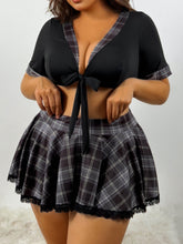 Load image into Gallery viewer, Women&#39;s Sexy Lingerie Set, Plus Size Plaid Print Tie Front Crop Top &amp; Pleated Contrast Lace Panel Skirt Roleplay Costumes - Shop &amp; Buy
