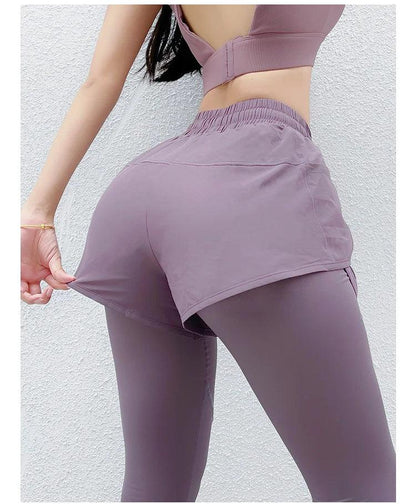 Women's Sports Pants Fake Two Piece Yoga Pants Stretch Fitness Running Solid Colour - Shop & Buy