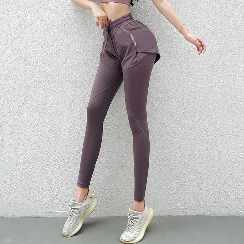 Women's Sports Pants Fake Two Piece Yoga Pants Stretch Fitness Running Solid Colour - Shop & Buy