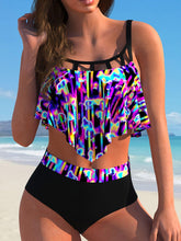 Load image into Gallery viewer, Women&#39;s Two-Piece Swimsuit, High-Waisted Bikini Bottom With Ruffled Abstract Print Top, Adjustable Straps, Beachwear - Shop &amp; Buy
