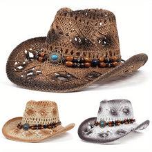 Load image into Gallery viewer, Women&#39;s Western Cowboy Hat With Beaded Hatband, Summer Hollow Out Straw Hat, Sun Protection Wide Brim Hat, Beach Festival Hat - Shop &amp; Buy
