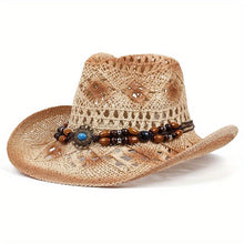 Load image into Gallery viewer, Women&#39;s Western Cowboy Hat With Beaded Hatband, Summer Hollow Out Straw Hat, Sun Protection Wide Brim Hat, Beach Festival Hat - Shop &amp; Buy
