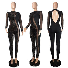 Load image into Gallery viewer, Women Sequin Jumpsuits Glitter Sheer Mesh Patchwork See Through Black Bodycon Romper Sexy Party Jumpsuit Club Outfits - Shop &amp; Buy