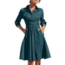 Load image into Gallery viewer, Women Strappy Shirt Dress Solid Color A Line Midi Dress Large Hem Button Front Dress Long Sleeve Dress Commuting Dress - Shop &amp; Buy
