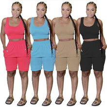 Load image into Gallery viewer, Women Two Piece Tracksuit Summer Solid Sleeveless Tank Top And Pocket Shorts Casual Outfits - Shop &amp; Buy
