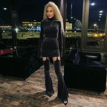 Load image into Gallery viewer, Women Velvet Mini Dress Sexy Turtleneck Flare Sleeve Bodycon Mini Dresses + Flare Leggings Night Club Party Dress Sets Fall - Shop &amp; Buy
