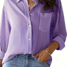 Load image into Gallery viewer, Womens Casual Blouse, Plus Size Stripe Print Long Sleeve Button Up Lapel Collar Shirt Top - Shop &amp; Buy

