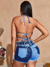 Load image into Gallery viewer, Womens Chic 2-Piece Denim Outfit Set - Flattering Halter Top &amp; Ripped Shorts - Trendy Color Block Patchwork - Shop &amp; Buy
