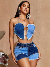 Load image into Gallery viewer, Womens Chic 2-Piece Denim Outfit Set - Flattering Halter Top &amp; Ripped Shorts - Trendy Color Block Patchwork - Shop &amp; Buy
