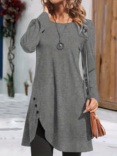 Load image into Gallery viewer, Womens Chic Asymmetrical Hem Dress - Relaxed Crew Neck Long Sleeve with Trendy Buttons - Shop &amp; Buy
