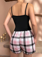 Load image into Gallery viewer, Womens Chic Pajama Set: Letter &amp; Plaid Print, Frill Trim, Comfortable Backless Crop Cami Top &amp; Elastic Shorts - Shop &amp; Buy
