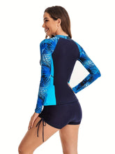 Load image into Gallery viewer, Womens Contrast Color Long Sleeve Swimsuit Set - Zipper Front, Adjustable Tie Shorts, Sun Protection, Perfect for Surfing &amp; Water Sports - Shop &amp; Buy
