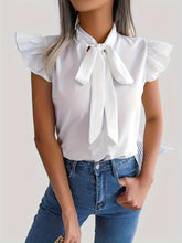 Load image into Gallery viewer, Womens Ruffle Trim Blouse - Elegant Tie Neck, Cap Sleeve, Casual Solid Color Design with Delicate Ruffle Trim - Shop &amp; Buy
