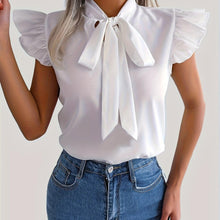 Load image into Gallery viewer, Womens Ruffle Trim Blouse - Elegant Tie Neck, Cap Sleeve, Casual Solid Color Design with Delicate Ruffle Trim - Shop &amp; Buy
