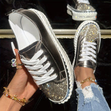 Load image into Gallery viewer, Womens Sparkling Crystal Rhinestone Low Top Lace Up Flat Sneakers - Faux Leather Upper - Shop &amp; Buy
