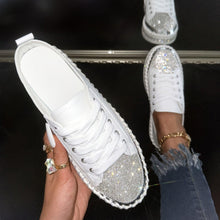 Load image into Gallery viewer, Womens Sparkling Crystal Rhinestone Low Top Lace Up Flat Sneakers - Faux Leather Upper - Shop &amp; Buy
