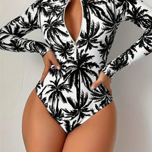 Load image into Gallery viewer, Womens Tropical Print One-Piece Swimsuit - Removable Padded, Long Sleeves, Half Zipper, Crew Neck - Shop &amp; Buy
