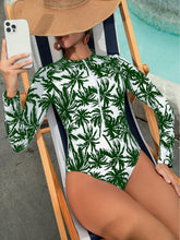 Load image into Gallery viewer, Womens Tropical Print One-Piece Swimsuit - Removable Padded, Long Sleeves, Half Zipper, Crew Neck - Shop &amp; Buy
