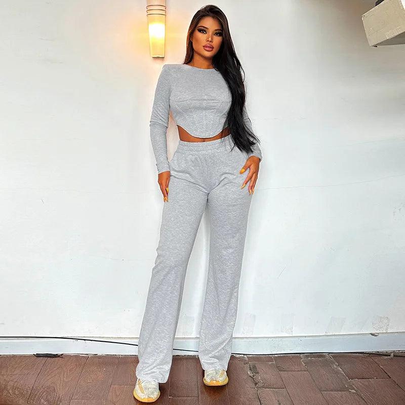 Womne Grey 2 Piece Sets Women Outfits Lounge Wear Irregular Crop Top + Wide Leg Pants Slim Matching Sets Women Clothing Y2K - Shop & Buy