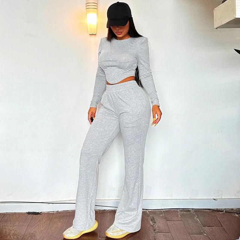 Womne Grey 2 Piece Sets Women Outfits Lounge Wear Irregular Crop Top + Wide Leg Pants Slim Matching Sets Women Clothing Y2K - Shop & Buy