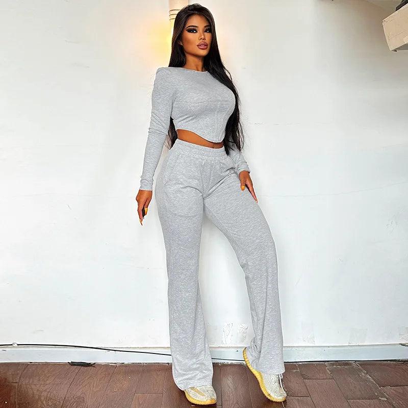 Womne Grey 2 Piece Sets Women Outfits Lounge Wear Irregular Crop Top + Wide Leg Pants Slim Matching Sets Women Clothing Y2K - Shop & Buy