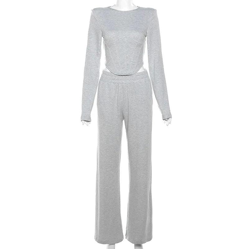 Womne Grey 2 Piece Sets Women Outfits Lounge Wear Irregular Crop Top + Wide Leg Pants Slim Matching Sets Women Clothing Y2K - Shop & Buy