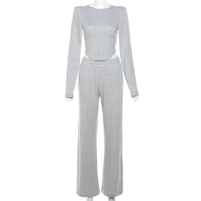 Womne Grey 2 Piece Sets Women Outfits Lounge Wear Irregular Crop Top + Wide Leg Pants Slim Matching Sets Women Clothing Y2K - Shop & Buy