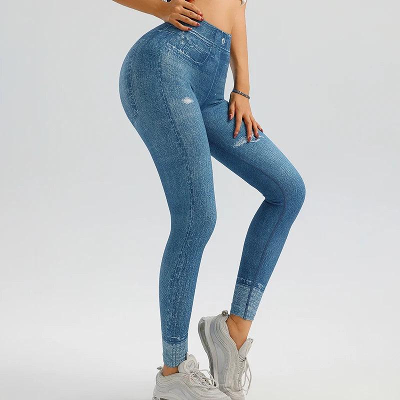 Yoga leggings Tight hip lift soft thick seamless knit fake denim stretch fitness pants - Shop & Buy