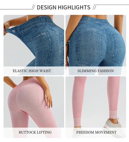 Yoga leggings Tight hip lift soft thick seamless knit fake denim stretch fitness pants - Shop & Buy