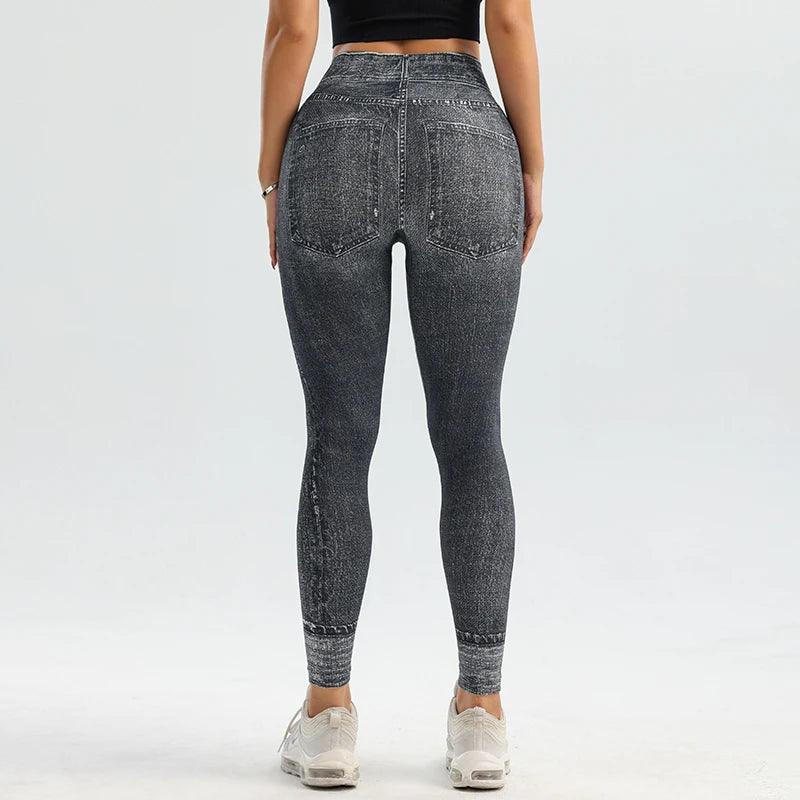 Yoga leggings Tight hip lift soft thick seamless knit fake denim stretch fitness pants - Shop & Buy